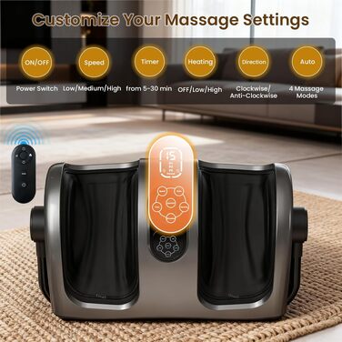 Електричний масажер для ніг та литок TISSCARE Shiatsu з підігрівом, функцією розминання та роликами, регулювання 360°, з пультом керування, світло-сірий