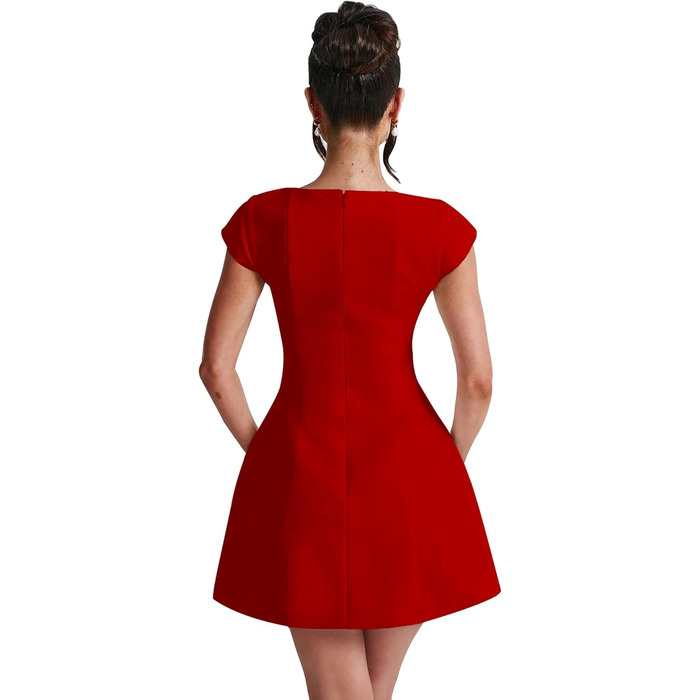 Жіноче міні-плаття LuFeng з квадратним вирізом, рукавами-крилами, повною підкладкою, блискавкою, силуетом А, для вечірок та клубів, сучасне, червоне/подорож, однотонне (Getaway Solids)