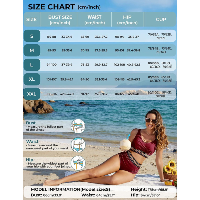 Бікіні жіночий комплект з високою талією, суцільний купальник двочастинний, сексуальний V-подібний виріз, push-up, кольоровий смугастий, великі розміри, пляжний, басейн, бордовий