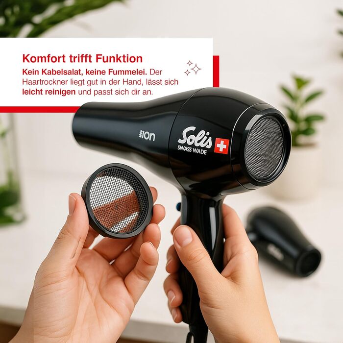 Фен для волосся Solis Swiss Perfection 440 з іонізацією, 2300 Вт, AC-мотор, 3 температурні та 2 швидкісні режими, чорний