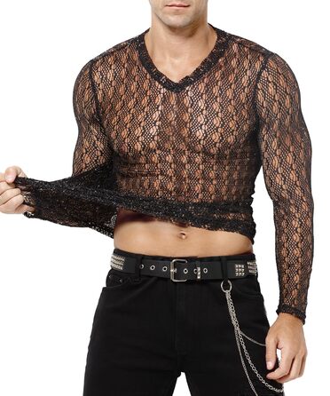 Муслін футболка Casey Kevin Herren Transparent, прозора сітка з довгим рукавом, сріблясті акценти, вертикальна смужка, V-подібний виріз, A2-чорний L