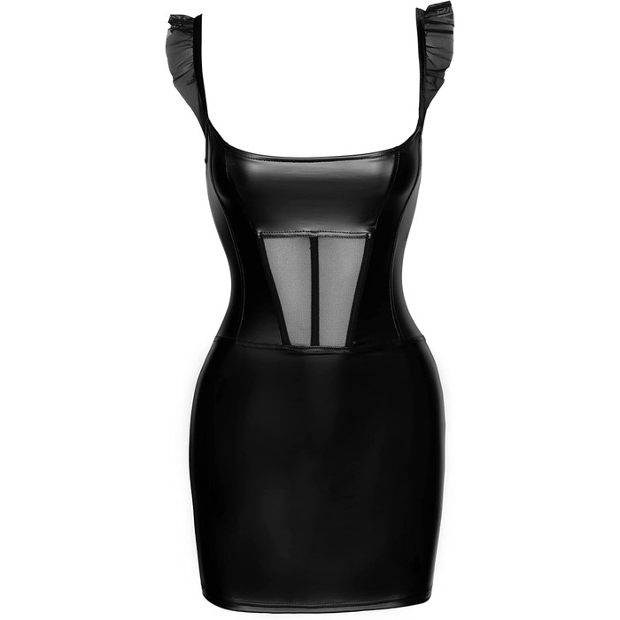 Чорне міні-плаття з ефектом лакового покриття ручної роботи Noir Knappes Damen Dessous з мереживом та блискавкою на спині, розмір S