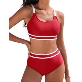 Бікіні Tuopuda для жінок: комплект з високою талією, шорти та топ з пуш-ап, спортивний двочастинний купальник, багряний колір, розмір M