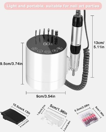 Електричний апарат для манікюру та педикюру Nagelfräser 35000 об/хв з LCD-дисплеєм, сенсорним керуванням та педаллю, білий, 6 насадок