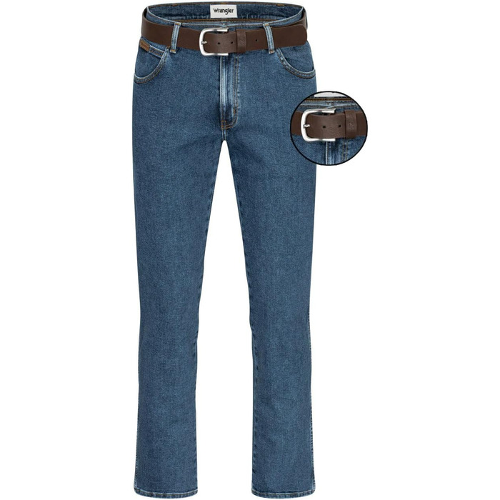 Чоловічі стрейч-джинси Wrangler Texas Regular Fit Authentic Straight (Stonewash) з коричневим ременем, розмір 50W / 32L