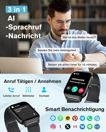 Смарт-годинник KALINCO для чоловіків та жінок з Bluetooth, вимірюванням артеріального тиску, пульсу та SpO2, AI фітнес-трекер, 100+ спортивних режимів, аналіз сну, сумісність з iOS та Android (Milano, чорний)