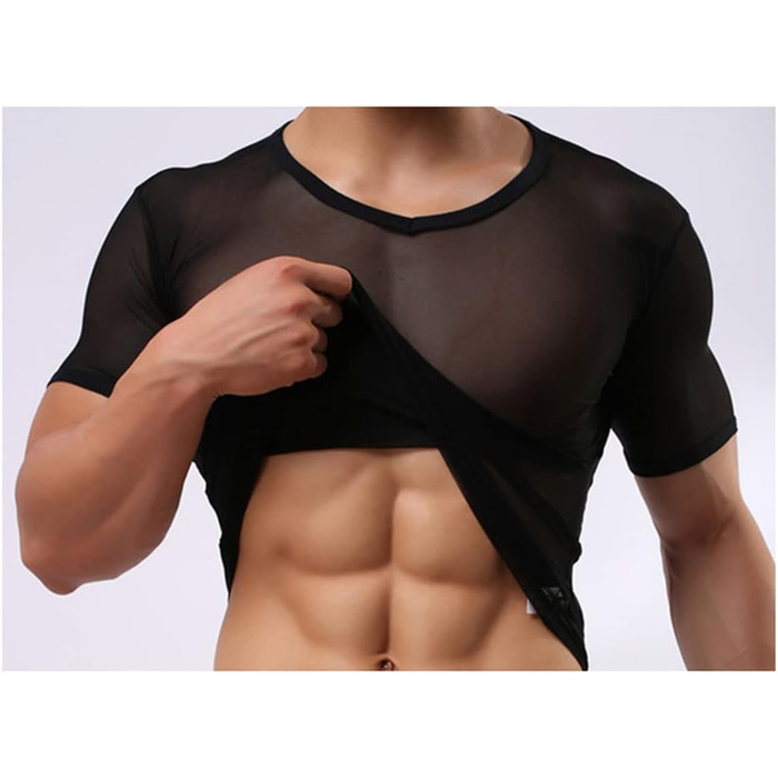 Чоловіча прозора футболка з мережива, сексуальна нижня білизна, чорна. Ідеальна для дому та вечірок.