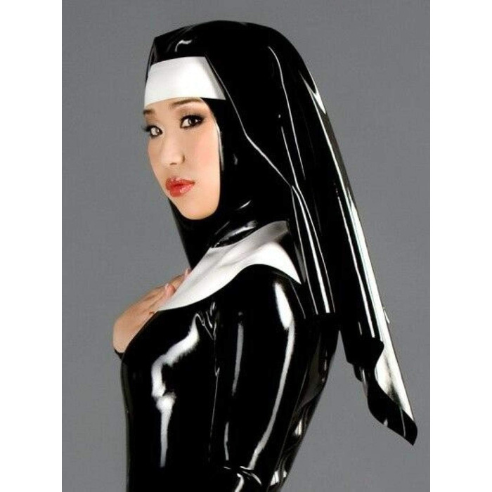 Чорний латексний костюм з капюшоном (котячий) XL, чорно-білий