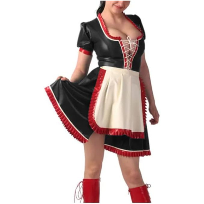 Костюм покоївки з шнурівкою, А-силует, PVC, рюші, короткі рукави, фартух, чорний, розмір XXL. Костюм для Хелловіну, косплею та тематичних вечірок