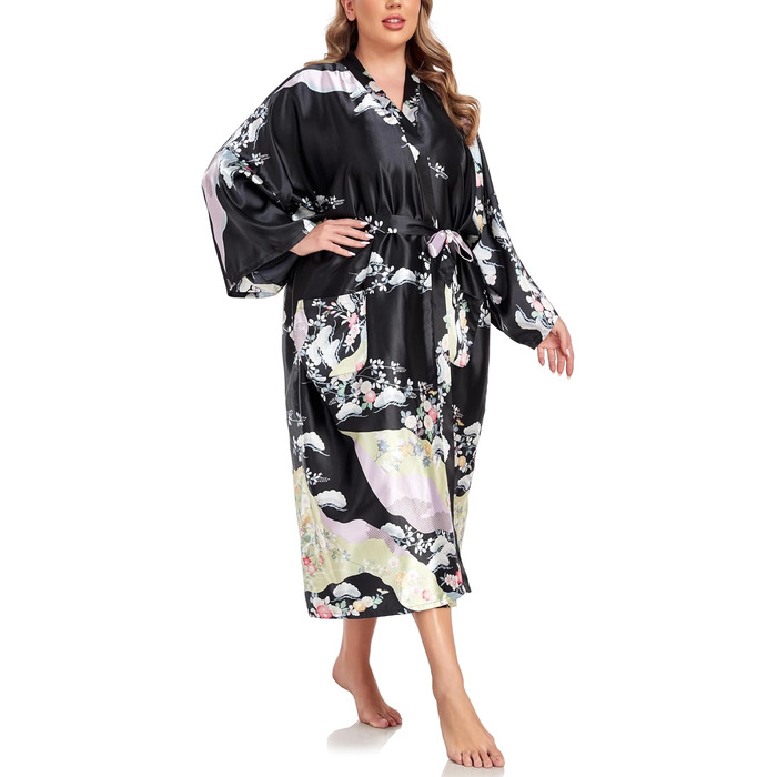 Кимоно халат для жінок, великі розміри, сатин, квітковий принт, чорний, XL