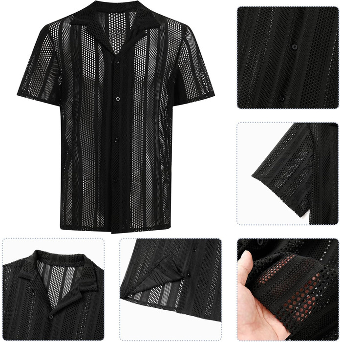 Чоловіча прозора сорочка-сітка Abehik з короткими рукавами для клубів, вечірок, святкування - чорна