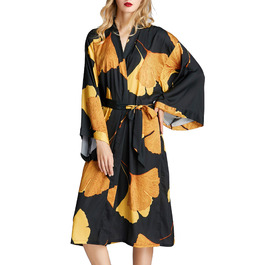 Жіночий халат-кімоно з довгим рукавом з атласу, принт листя гінкго, для нареченої/свідки, універсальний розмір, чорний