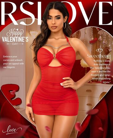 RLOVE Babydoll Ніжний комплект спідньої білизни для жінок - прозора сорочка для сну, червоний (L)
