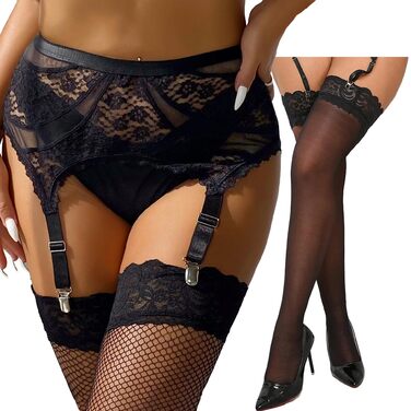 Сексуальні панчохи з ремінним поясом, мереживний комплект спідньої білизни, панчохи, curvy жіноча білизна, 20 DEN нейлон, великі розміри, широкі стрічки для панчох, набір у коробці, чорний, M-L