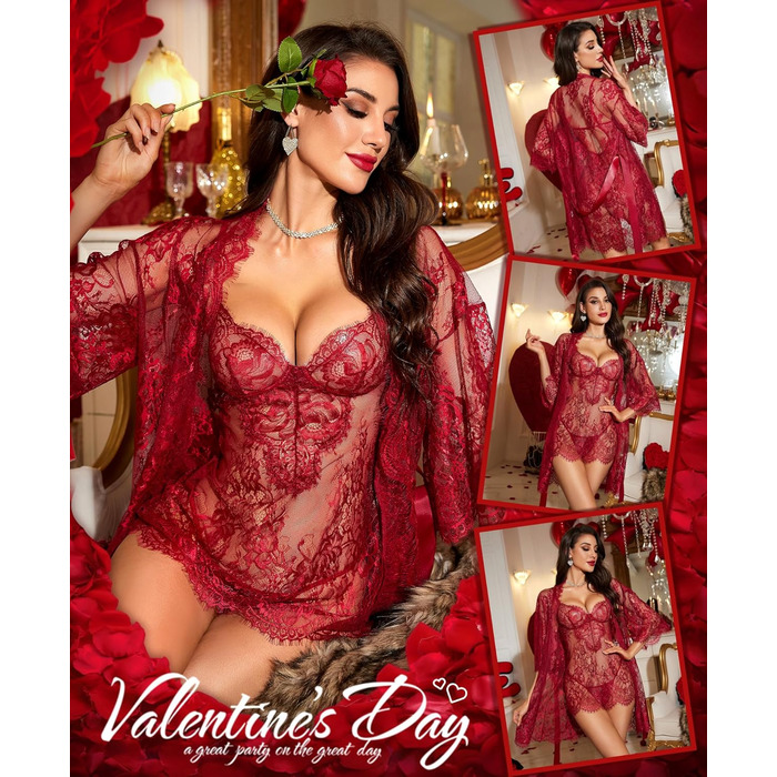 RSLOVE Комплект нижньої білизни для жінок: мереживний комплект з квітковим принтом, 3-частинний (Т-розріз), нічна сорочка, халат, розмір M, бордовий