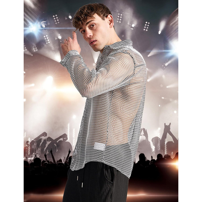 Чоловіча сітка-сорочка AIEOE: прозора сорочка з сітки, ідеальна для вечірок та свят, сірого кольору (S)