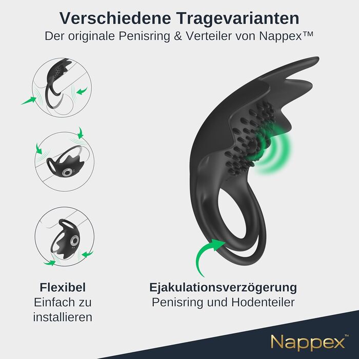 Кольце для статевого члена Nappex Manu з вібрацією - секс-іграшка для пар та чоловіків. Комплект з пультом дистанційного керування, потужний мотор, силікон.