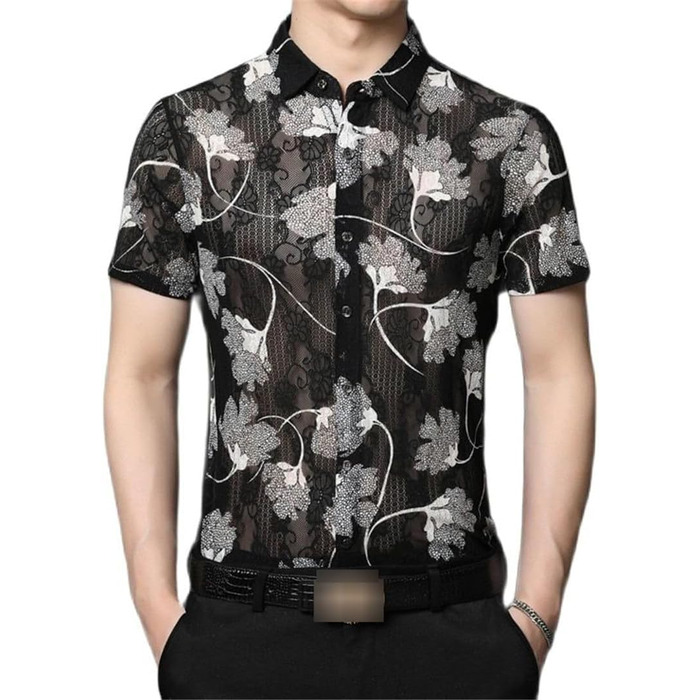 Чоловіча сорочка з квітковим мереживом, прозора по краю, літня, з короткими рукавами, облягаючого крою, для клубу та вечірок, прозора, чорна