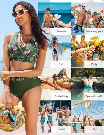 БІКІНІ Nadeer для жінок: сексуальний V-подібний виріз, push-up, двокомпонентний купальник, перехресний дизайн, висока талія, пляжний аксесуар, рожево-зелений колір (M)