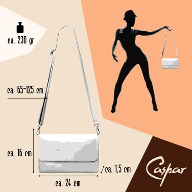 Жіноча сумка-клатч Caspar Elegante зі шкіри, срібляста металік, модель No.835 CLASSIC LINE, з регульованим плечовим ременем, Made in Italy