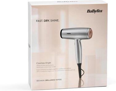 Фен для волосся BaByliss Cosmos D580DE з дифузором, 2100 Вт, іонізація, 3 температурних та 2 режими обдуву, сріблястий (Satined Cosmic Grey)