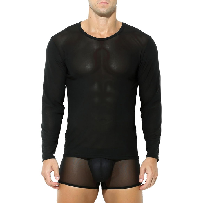 Чоловіча футболка з довгим рукавом, прозора, сітчаста, облягаюча, чорна (XXL)