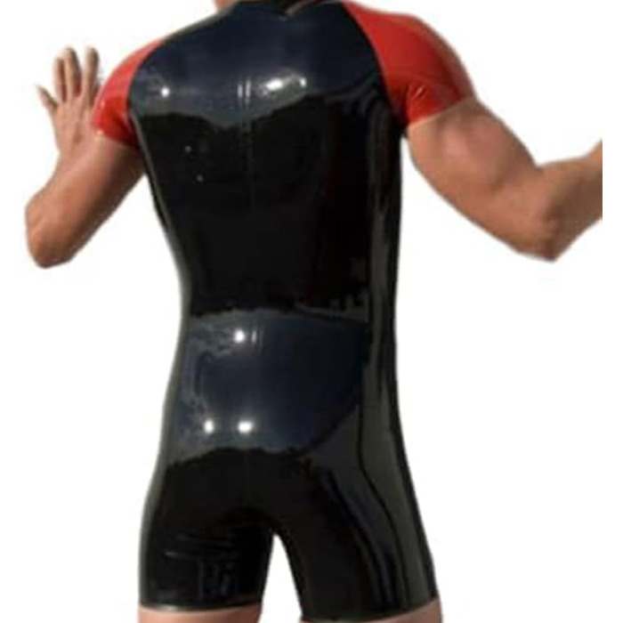 Чоловічий латексний комбінезон Enger Catsuit з короткими рукавами та шортами, чорно-червоний, фетиш-стиль, комбінезон-боді, молнія спереду, X-Small, Plus Size