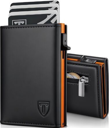 Тонкий чоловічий гаманець TENBST з RFID-захистом та монетницею, шкіряний картхолдер на 10 карток, Slim Wallet — Чорний та Помаранчевий