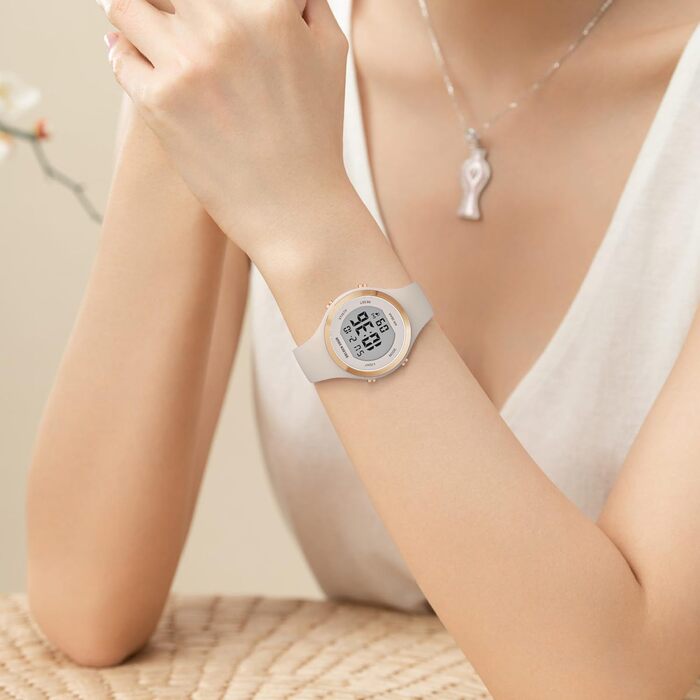 Жіночий цифровий спортивний годинник GOLDEN HOUR, водонепроникний 5ATM, хронограф з силіконовим ремінцем, дата та підсвітка циферблата (Рожеве золото/Білий)