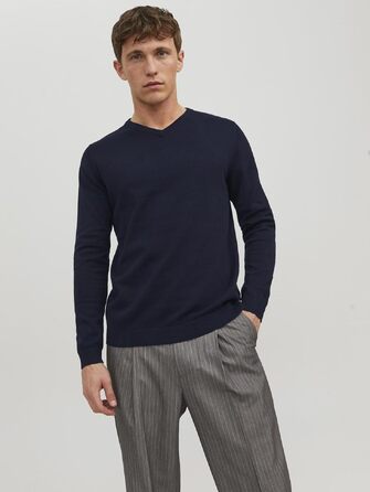 Чоловічий в'язаний светр Jack & Jones однотонний, темно-синій (Navy Blazer), розмір XL