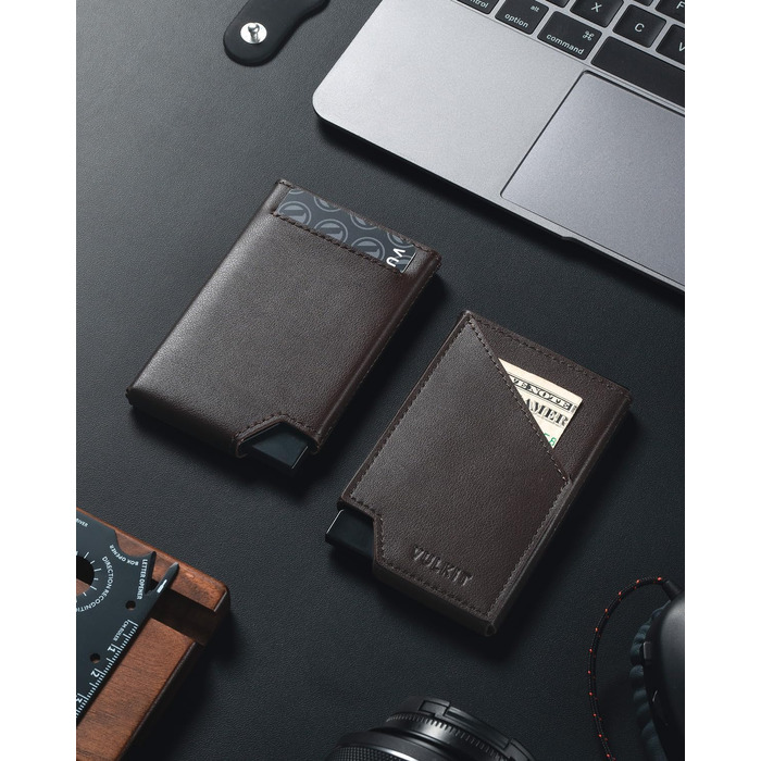 VULKIT Складаний картхолдер з RFID-захистом, тонкий алюмінієвий гаманець для кредитних карток, купюр та монет, темно-коричневий