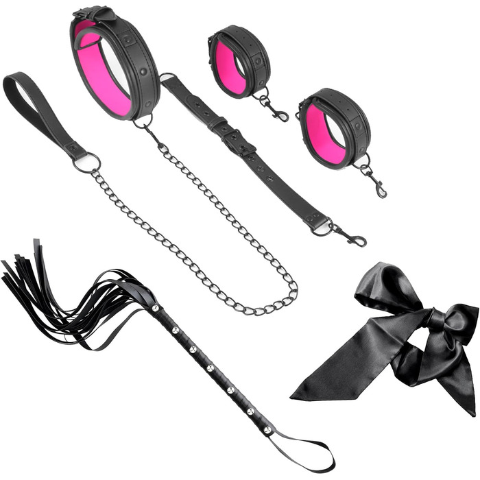 Набір BDSM 6-в-1: наручники, шлея для тіла, чокер, прічка, маска для очей. Набір для BDSM для пар (Чорний, Рожевий)