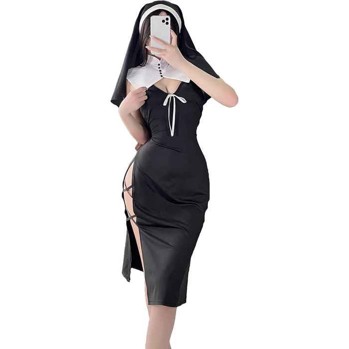 Костюм для косплею JasmyGirls: Костюм черниці, дівочий набір, чорне довге плаття з розрізом, для Хелловіну, ролеві ігри, розмір XS-M