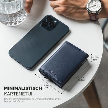 Шкіряний чоловічий картхолдер VULKIT з Pop-up механізмом, RFID-захистом, відділенням для купюр та вікном для ID, синій (Top-grain Cowhide)