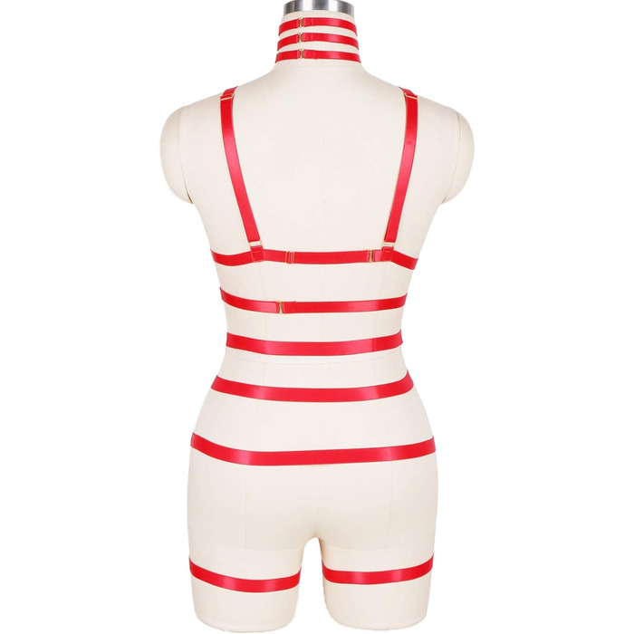 Жіночий корсет-нагрудник PETMHS у стилі панк, повна сітка, мереживний бюстгальтер та пояс-стрінг, комплект Harajuku Gothic для фестивалів та рейвів (червоний)