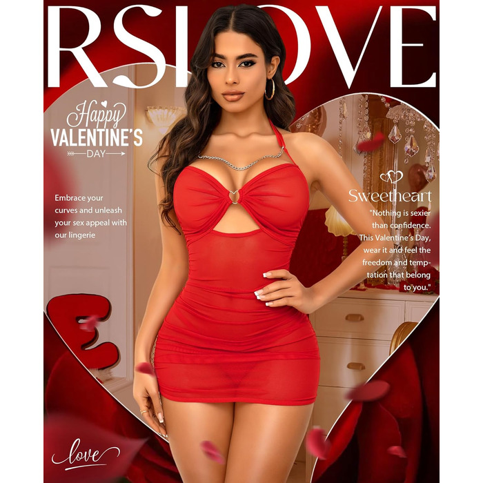 RLOVE Babydoll Ніжний комплект спідньої білизни для жінок - прозора сорочка для сну, червоний (L)