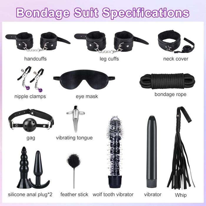 Набір для БДСМ з шкіри, 17 предметів: наручники, маска для очей, мотузки, для дорослих пар