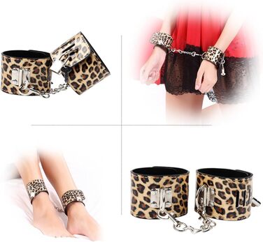 Набір для БДСМ з екошкіри Leopard Print (8 предметів): наручники, пітч, обручі, мотузка, ніпель-кліпси