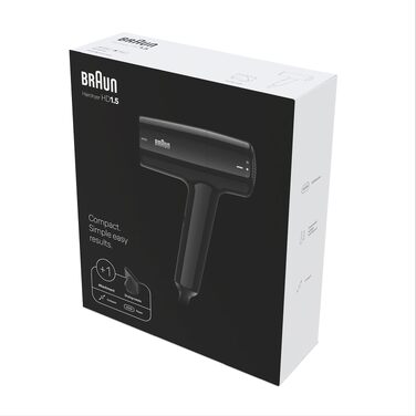 Фен для волосся Braun HD1.5 BRHD150E, 1800 Вт, компактний дорожній фен зі стилізуючою насадкою, 3 рівні температури та швидкості, чорний