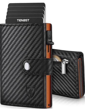 Чоловічий шкіряний гаманець TENBST з RFID-захистом та монетницею, тонкий картхолдер на 8-10 карток, преміум-якість (Чорний/Помаранчевий)