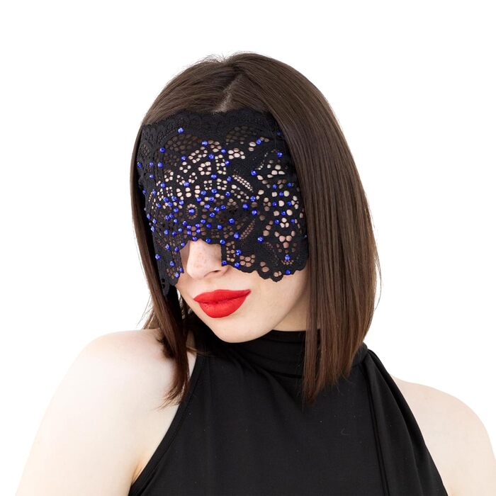 Ручна вишита мереживна маска на обличчя з каміння для жінок, чорна маска для маскараду, балу, карнавалу, весілля, бурлеску, косплею, Марді Гра (чорний колір з блакитними камінцями)