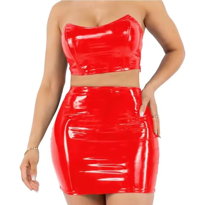 Короткий топ для живота великого розміру, Ветлюкс, ПВХ, Штучна шкіра, без бретелек, з міні-спідницею-олівець, двокольоровий комплект, для жінок, персоналізований, Фуксія XXL