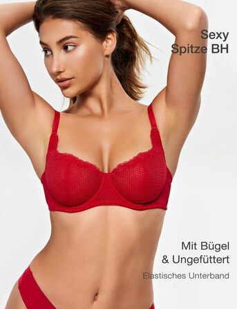 Бюстгальтер Wingslove з кісточками, мереживний балконет, прозорий, для жінок, Dirndl, напівчашка, сітка (Lava-red, 85D)