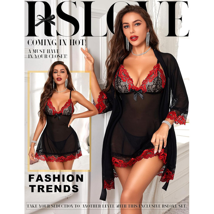 Сексуальна спідня білизна RSLOVE для жінок: мереживний бабідол з халатом, нічна сорочка, нічна сорочка, чорний, червоний, XL