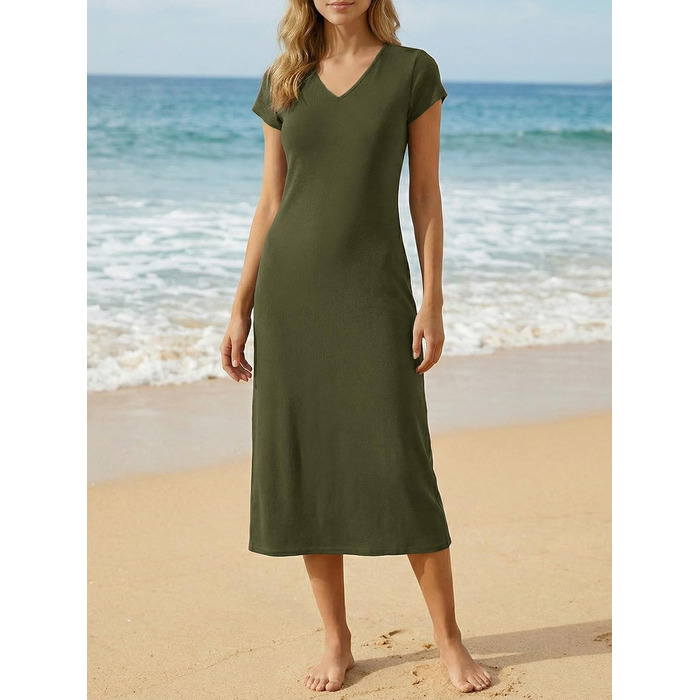 Сукня жіноча Wenrine літня міді з V-подібним вирізом, однотонна, оливково-зелена, розмір L