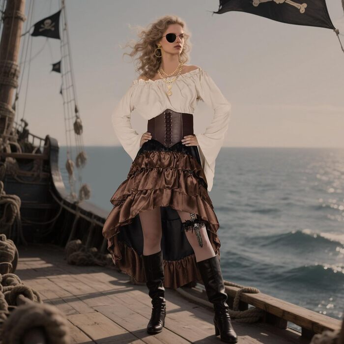 Костюм пірата для хлопчика: корсет у стилі Ренесансу, спідниця стимпанк, топ, аксесуари пірата, повний комплект для Хелловіну (M, Коричневий)