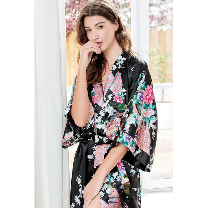 Чоловічий халат BABEYOND з довгим рукавом, шовковий сатин, кімоно, принт 'павич', чорний