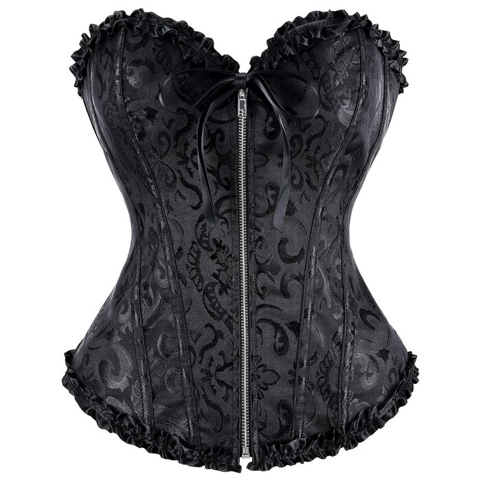 TRIWORKS Корсетний топ для жінок: корсаж, шнурування, бюстгальтер, сатиновий корсет з мереживом, стегнювальний корсет для карнавалу та Різдва, S-X (Чорний з блискавкою, L)