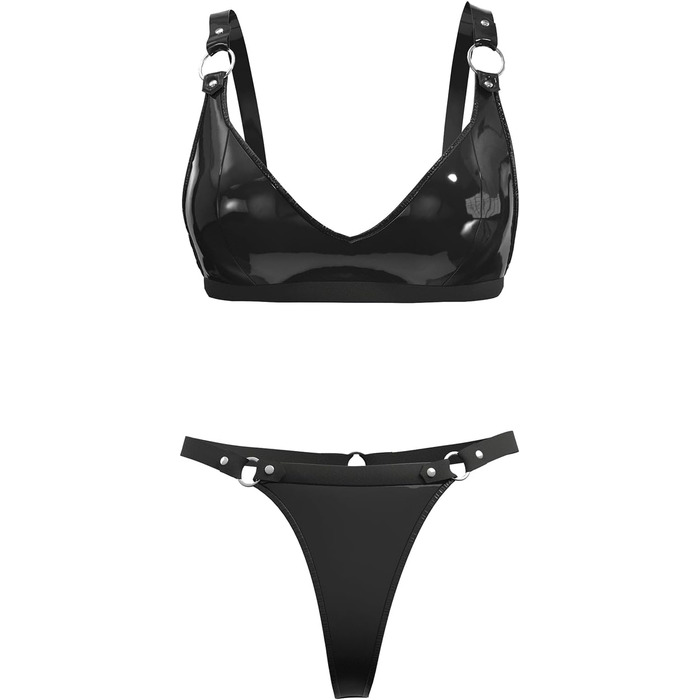 Жіночий комплект спідньої білизни з еластичної шкіри, шорти, блискучий PVC, шкіра, латексний бюстгальтер, регульований, чорний