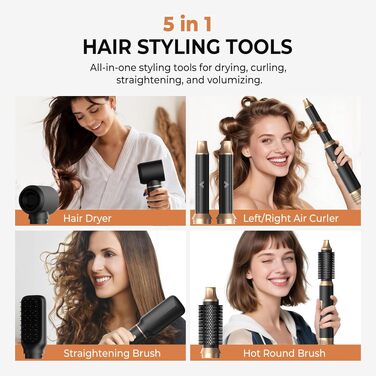 Мультистайлер для волосся 5 в 1 UKLISS Airstyler: фен, вирівнювач, круглі щітки та локони, чорний/золотий